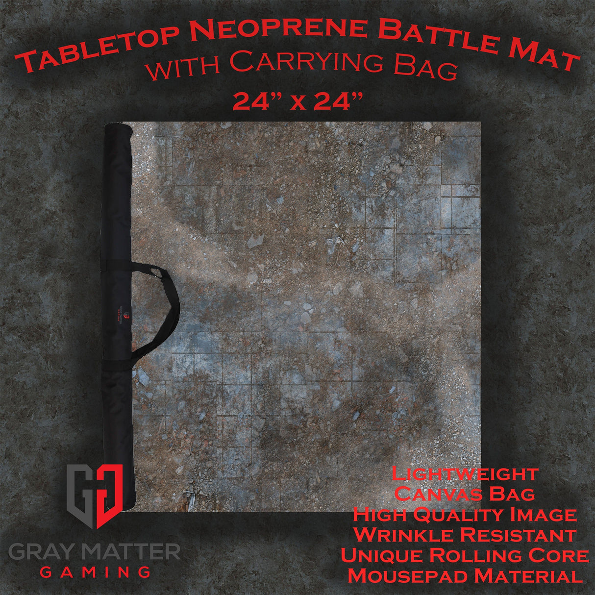 Gray Matter Gaming Gaming Mat 24x24 Urban Ruins - Neoprene Battle Mat with Bag