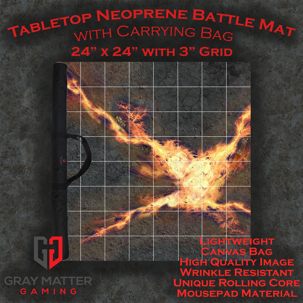 Gray Matter Gaming Gaming Mat 24x24 w\ 3" Grid Infernal Steppes - Neoprene Battle Mat with Bag