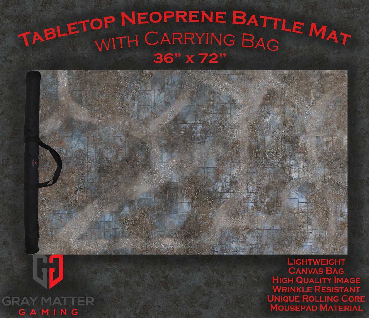 Gray Matter Gaming Gaming Mat 36x72 Urban Ruins - Neoprene Battle Mat with Bag
