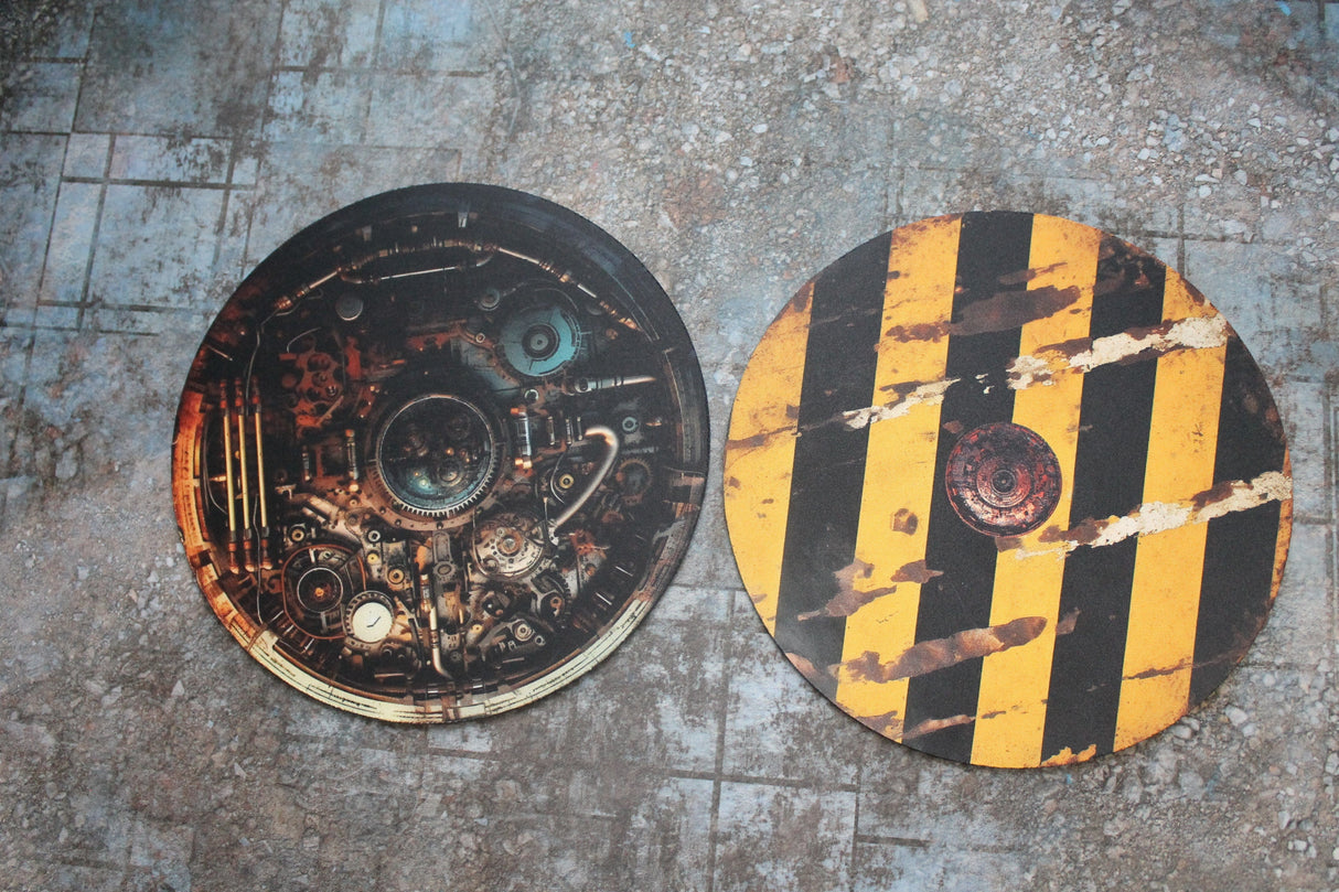 Gray Matter Gaming Objective Marker Double Sided 7.57" Neoprene Objective Markers - Hazard Stripes and Gears