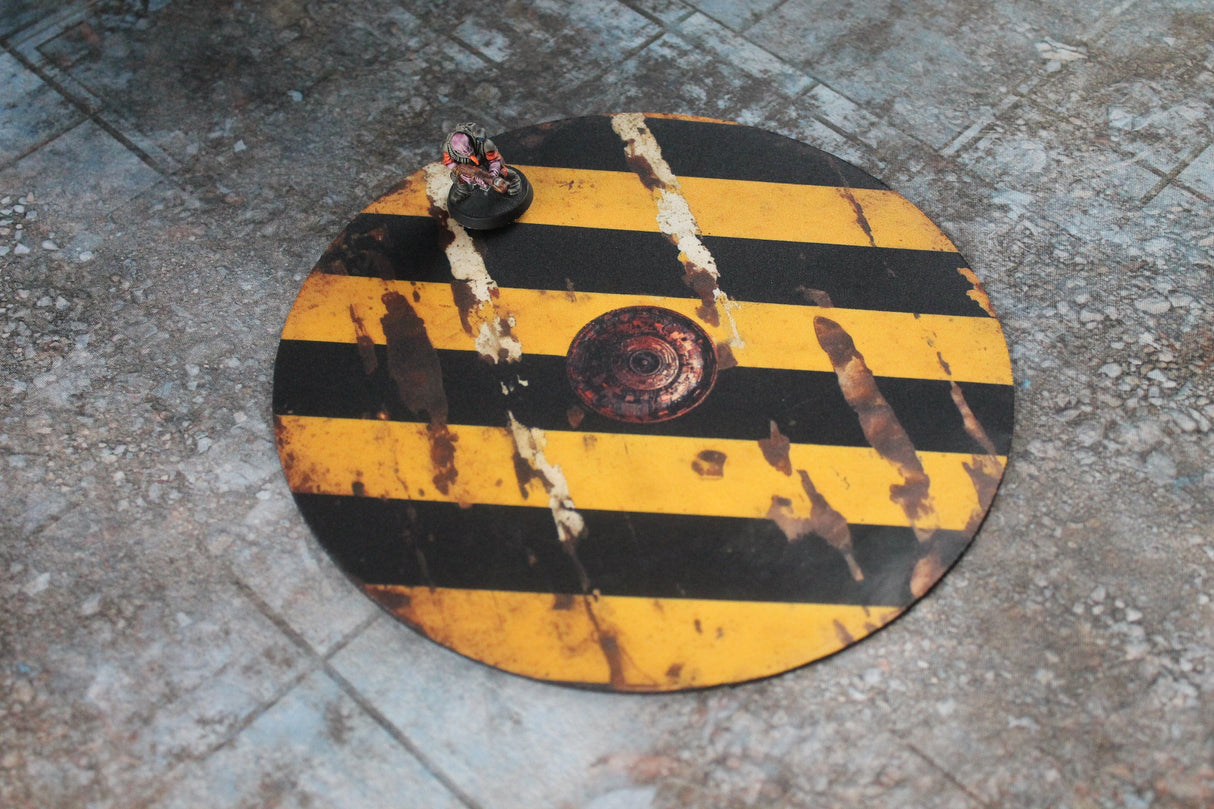 Gray Matter Gaming Objective Marker Double Sided 7.57" Neoprene Objective Markers - Hazard Stripes and Gears