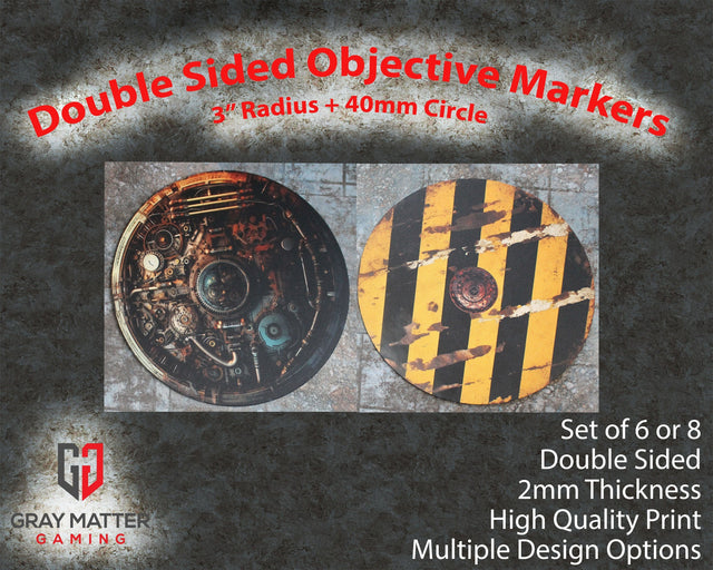 Gray Matter Gaming Objective Marker Double Sided 7.57" Neoprene Objective Markers - Hazard Stripes and Gears