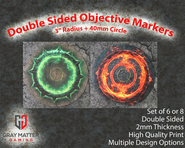 Gray Matter Gaming Objective Marker Double Sided Neoprene 7.57" Objective Markers - Green and Flaming Portal
