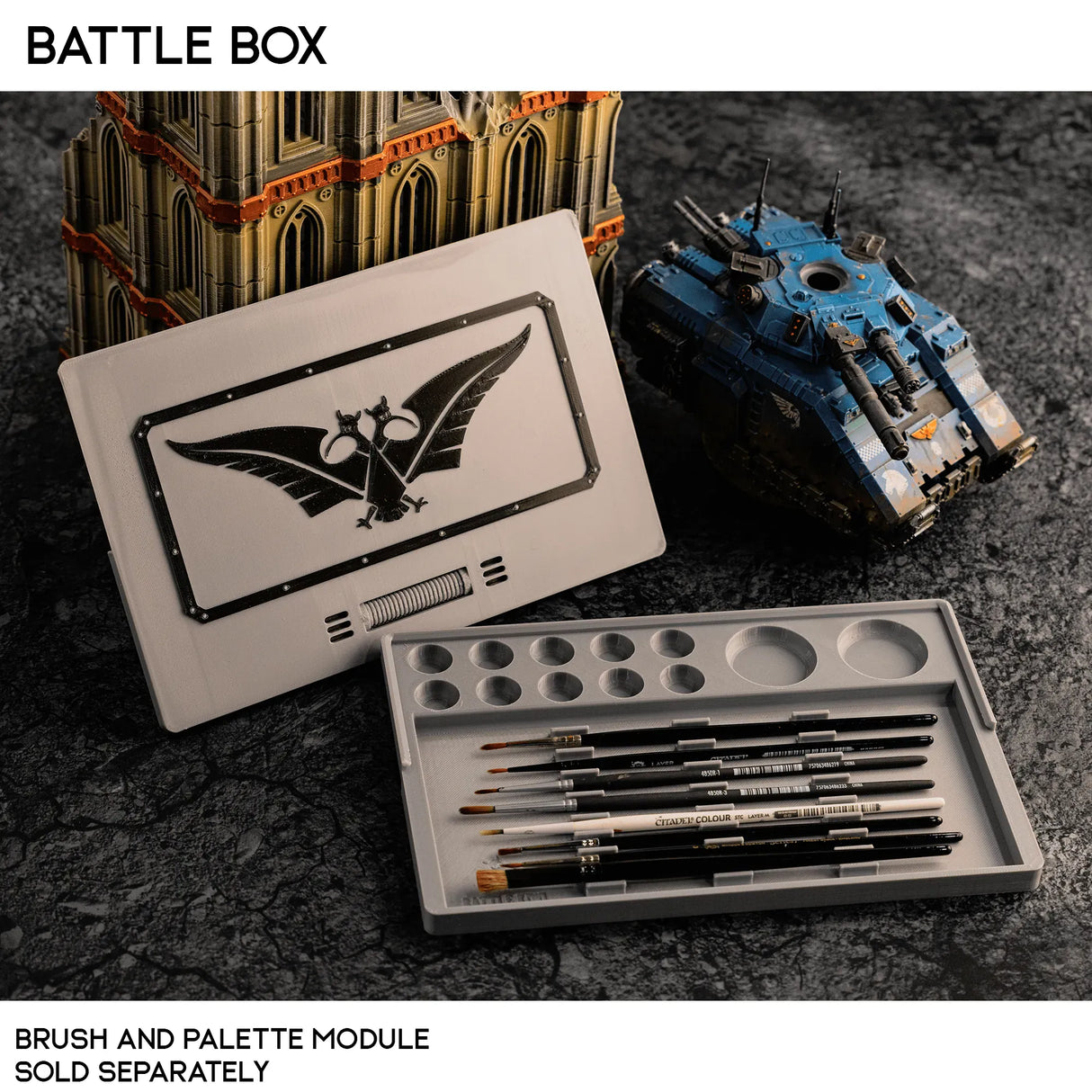 Tabletop Terrain Accessory Brush and Palette Module Addon Battle Box - 40k Compatible Component Organizer