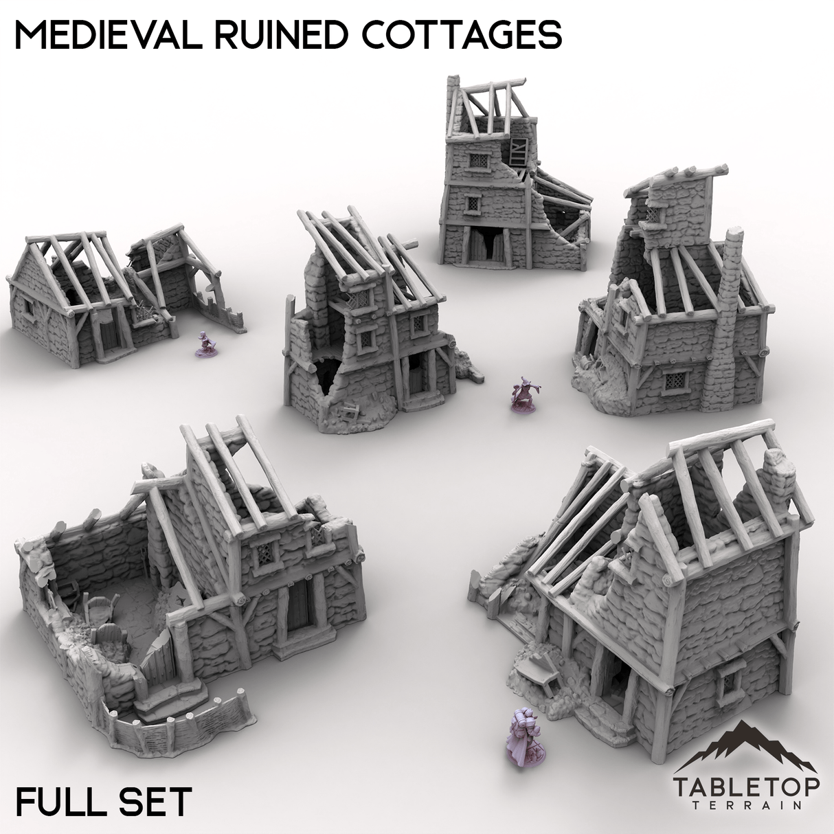 Tabletop Terrain Building Full Set / 32mm Medieval Ruined Cottages