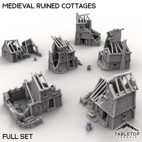Tabletop Terrain Building Full Set / 32mm Medieval Ruined Cottages