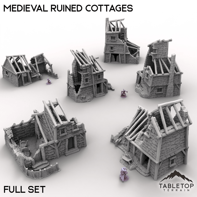 Tabletop Terrain Building Full Set / 32mm Medieval Ruined Cottages