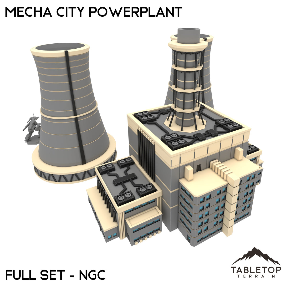 Mecha City Powerplant - Full Set in NextGen Color (multicolour 3D print), 6mm scale, shown with a scale mech (corner view)