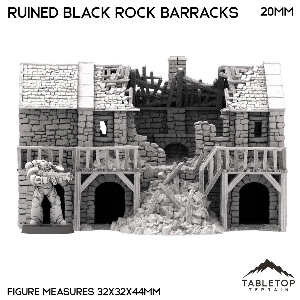 Tabletop Terrain Building Ruined Black Rock Barracks - Country & King - Fantasy Historical Ruins