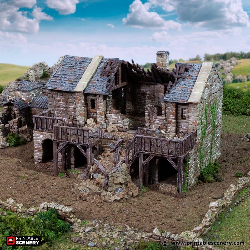 Tabletop Terrain Building Ruined Black Rock Barracks - Country & King - Fantasy Historical Ruins