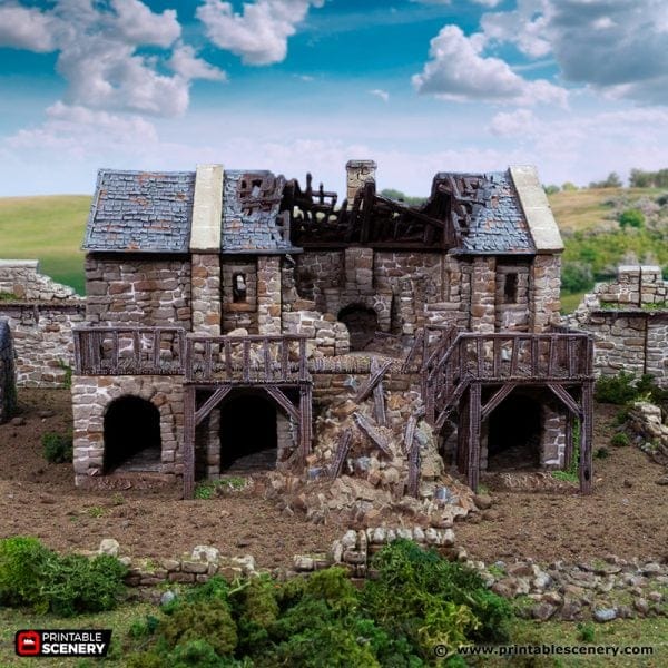 Tabletop Terrain Building Ruined Black Rock Barracks - Country & King - Fantasy Historical Ruins