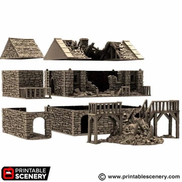 Tabletop Terrain Building Ruined Black Rock Barracks - Country & King - Fantasy Historical Ruins