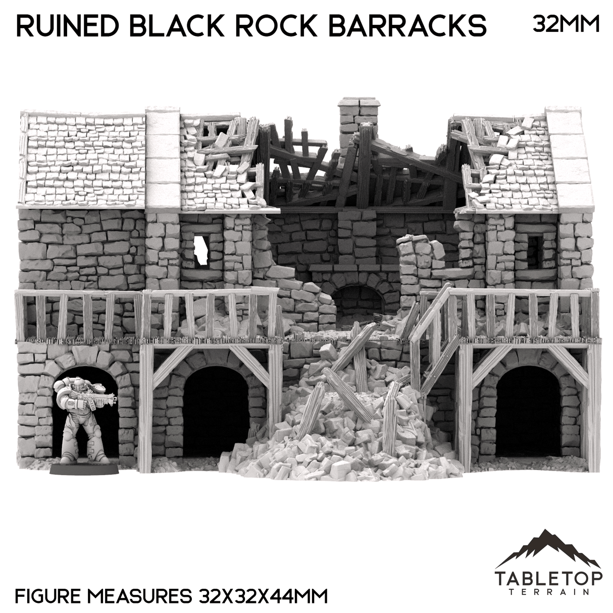 Tabletop Terrain Building Ruined Black Rock Barracks - Country & King - Fantasy Historical Ruins
