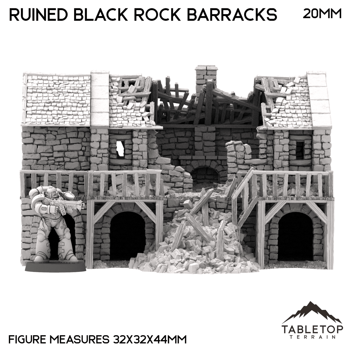 Tabletop Terrain Building Ruined Black Rock Barracks - Country & King - Fantasy Historical Ruins