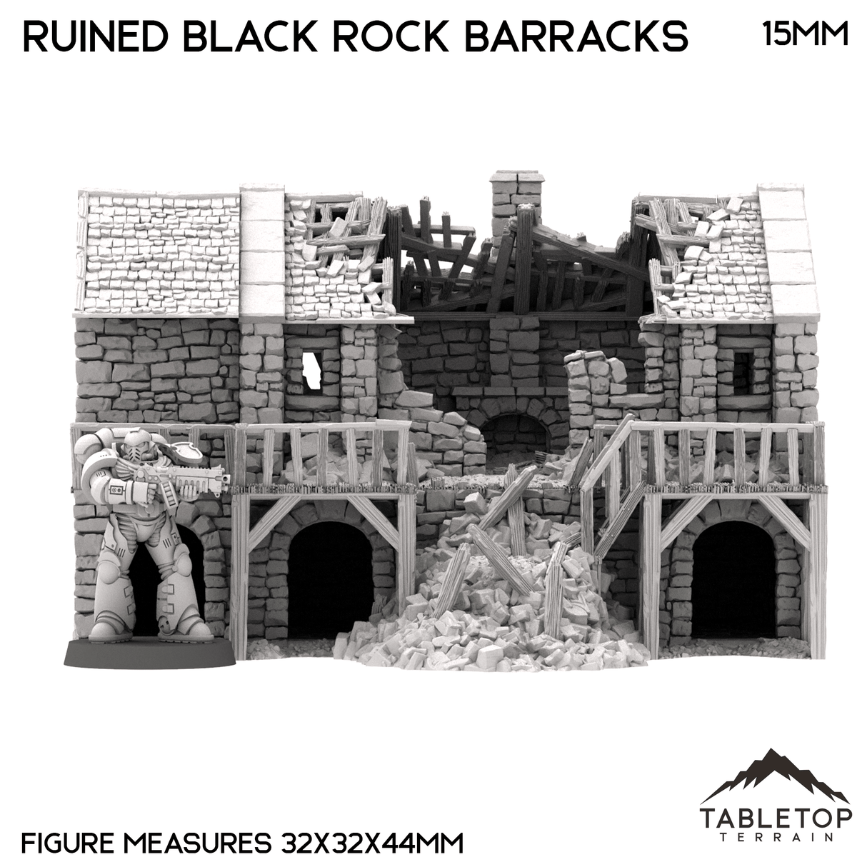 Tabletop Terrain Building Ruined Black Rock Barracks - Country & King - Fantasy Historical Ruins