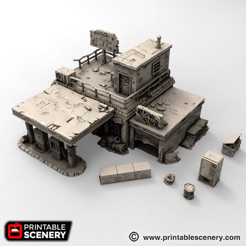 Tabletop Terrain Building Derelict Gas Station - Apocalyptic Building