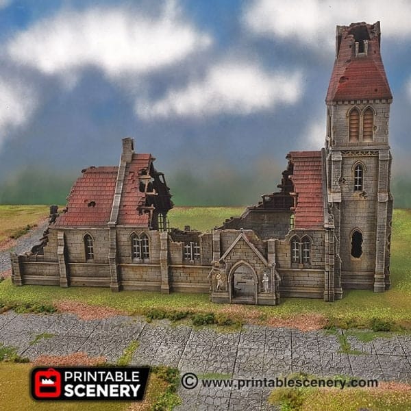 Tabletop Terrain Ruins Ruined Medieval Church - WWII Building