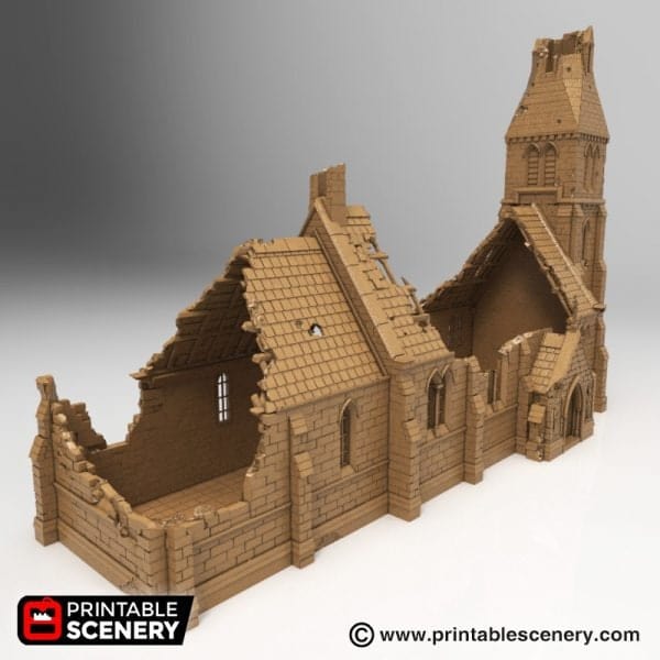 Tabletop Terrain Ruins Ruined Medieval Church - WWII Building