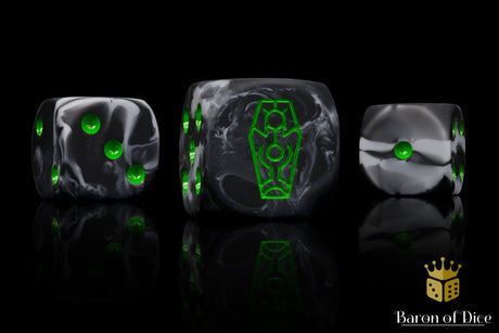 BaronOfDice Dice x25 Dice / Round Corner Day of The Dead, Green Coffin, Dice