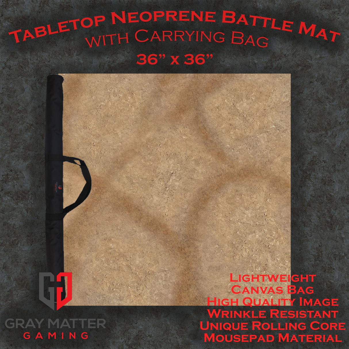 Gray Matter Gaming Gaming Mat 36x36 Desert Paths - Neoprene Battle Mat - Warhammer, AoS, 40K, Kill Team, MCP, Shatterpoint, Legion, More