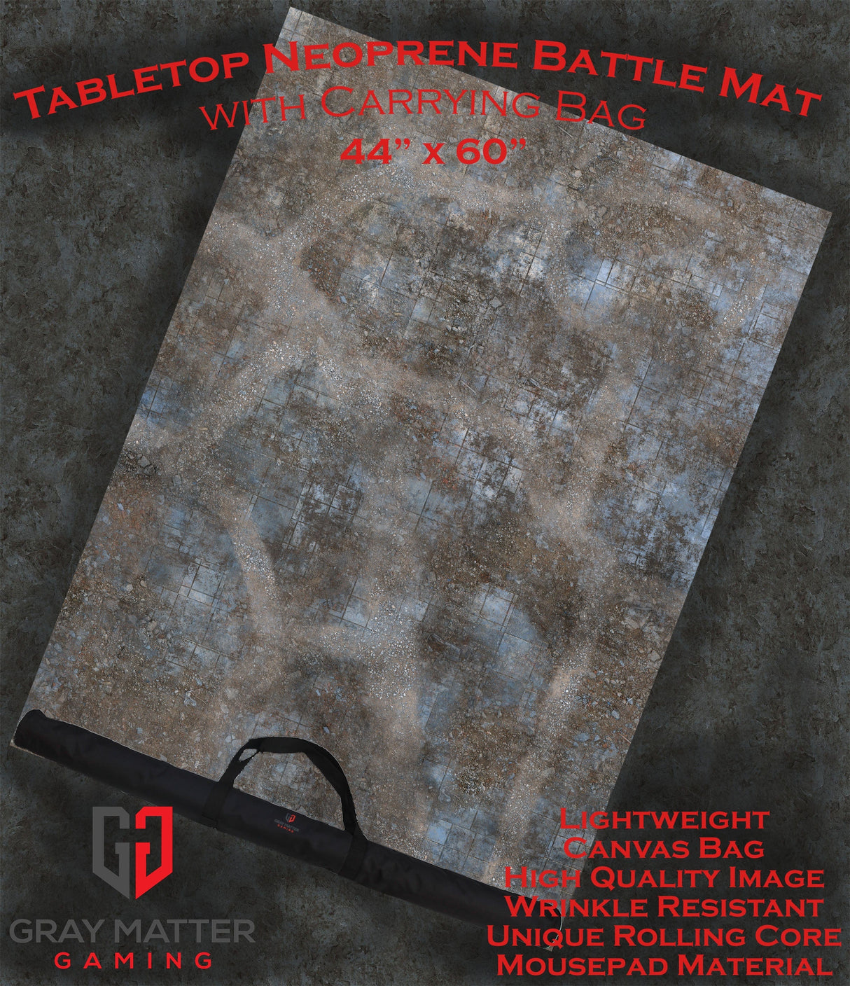 Gray Matter Gaming Gaming Mat 44x60 Urban Ruins - Neoprene Battle Mat with Bag