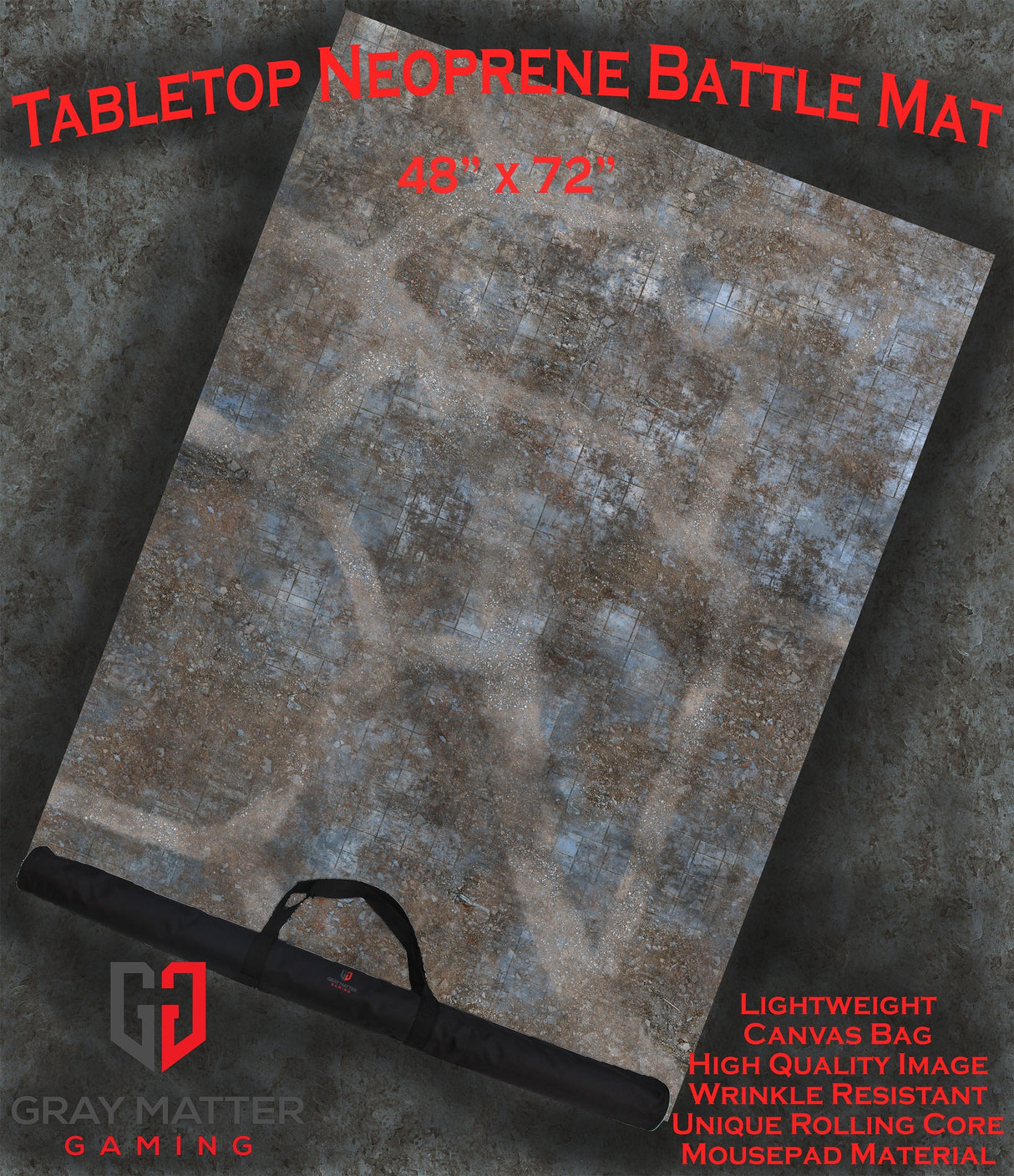 Gray Matter Gaming Gaming Mat 48x72 Urban Ruins - Neoprene Battle Mat with Bag