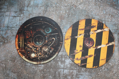 Gray Matter Gaming Objective Marker Double Sided 7.57" Neoprene Objective Markers - Hazard Stripes and Gears