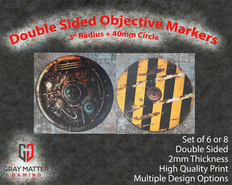 Gray Matter Gaming Objective Marker Double Sided 7.57" Neoprene Objective Markers - Hazard Stripes and Gears