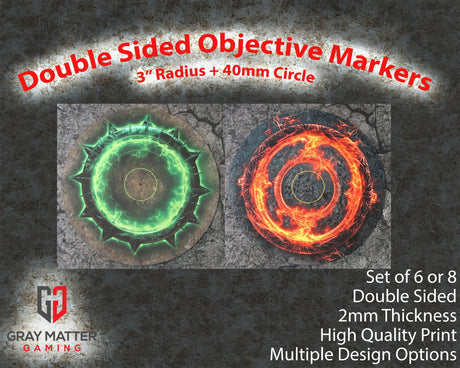 Gray Matter Gaming Objective Marker Double Sided Neoprene 7.57" Objective Markers - Green and Flaming Portal