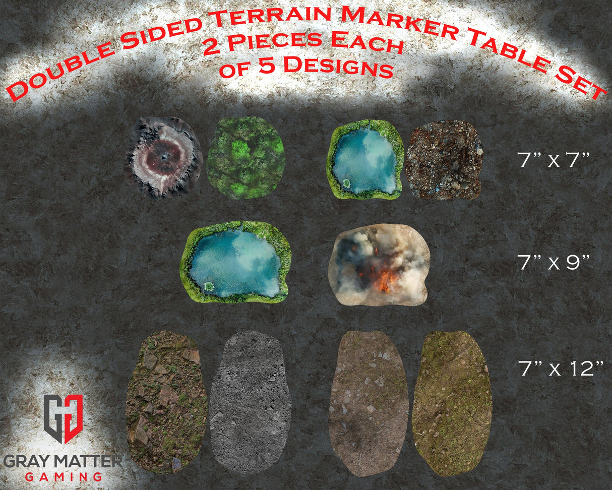 Gray Matter Gaming Terrain Markers Expanded Set (Set of 10) Double Sided Neoprene Terrain Table Set