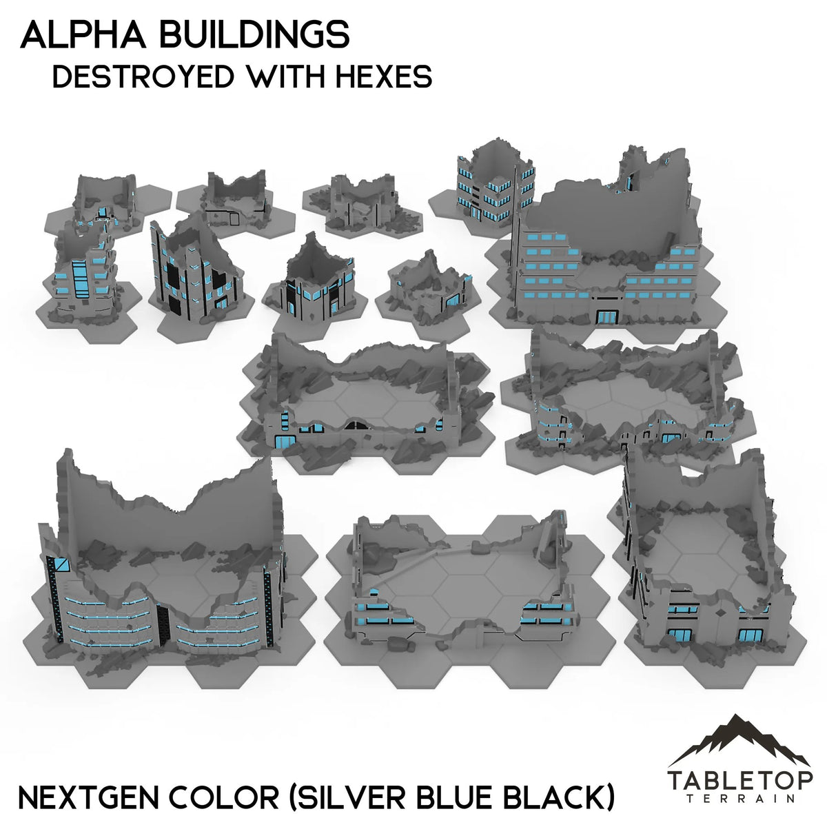 Mecha City Alpha Buildings - NextGen Color Silver Blue Black (Destroyed / With Hexes)