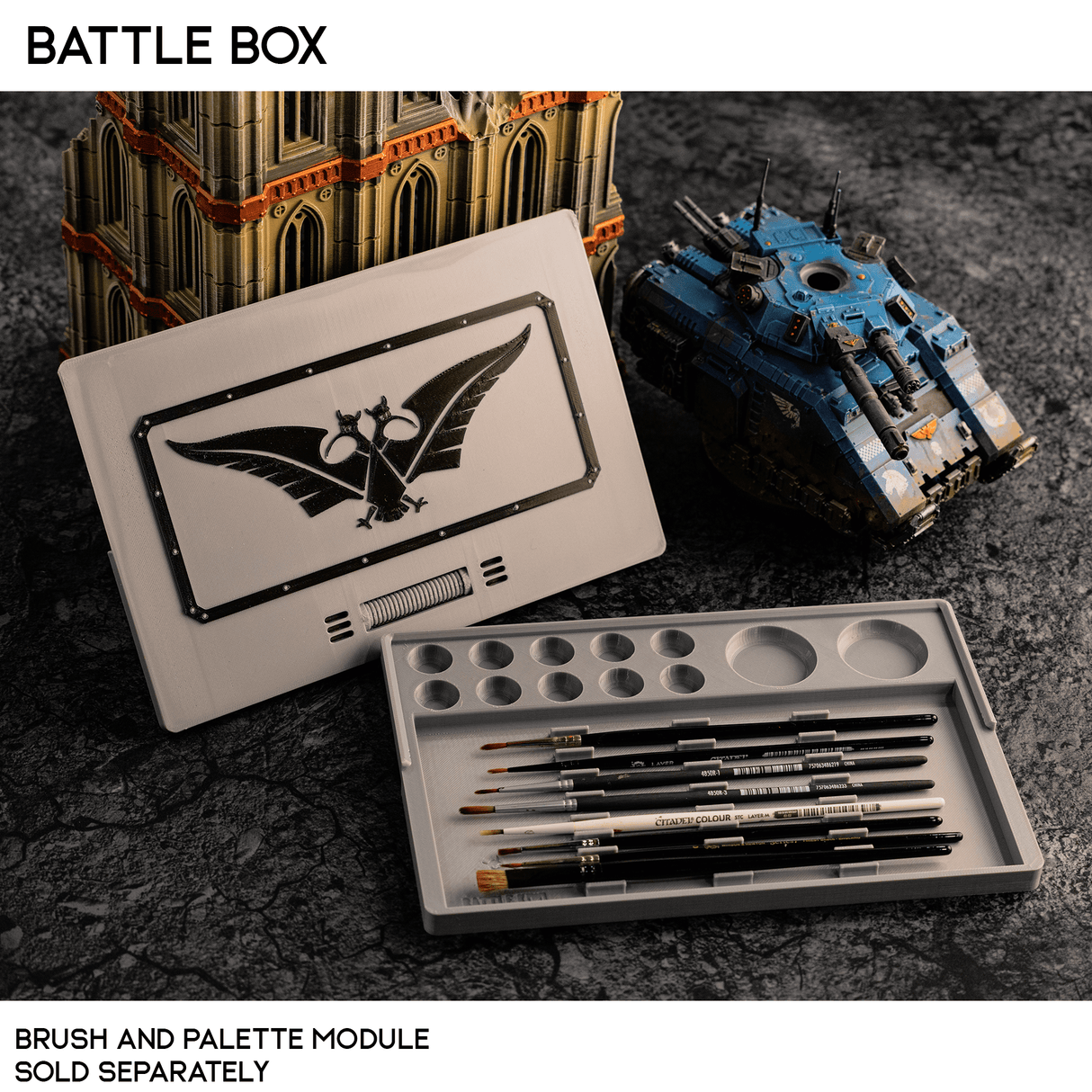 Tabletop Terrain Accessory Brush and Palette Module Addon Battle Box - 40k Compatible Component Organizer