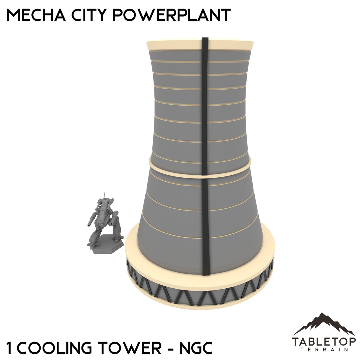 Mecha City Powerplant - 1 Cooling Tower in NextGen Color (multicolour 3D print), 6mm scale, shown with a scale mech