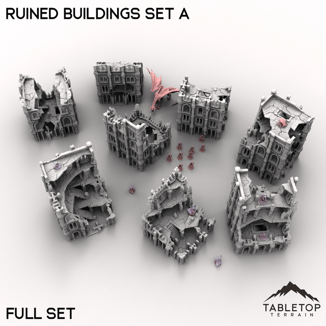 Tabletop Terrain Building Full Set A (Building 1-8) / 32mm Ruined Buildings Set A