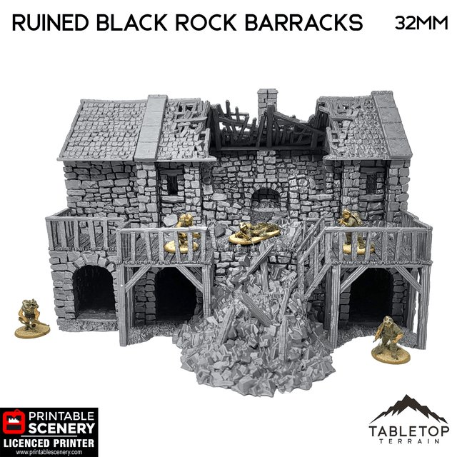 Tabletop Terrain Building Ruined Black Rock Barracks - Country & King - Fantasy Historical Ruins