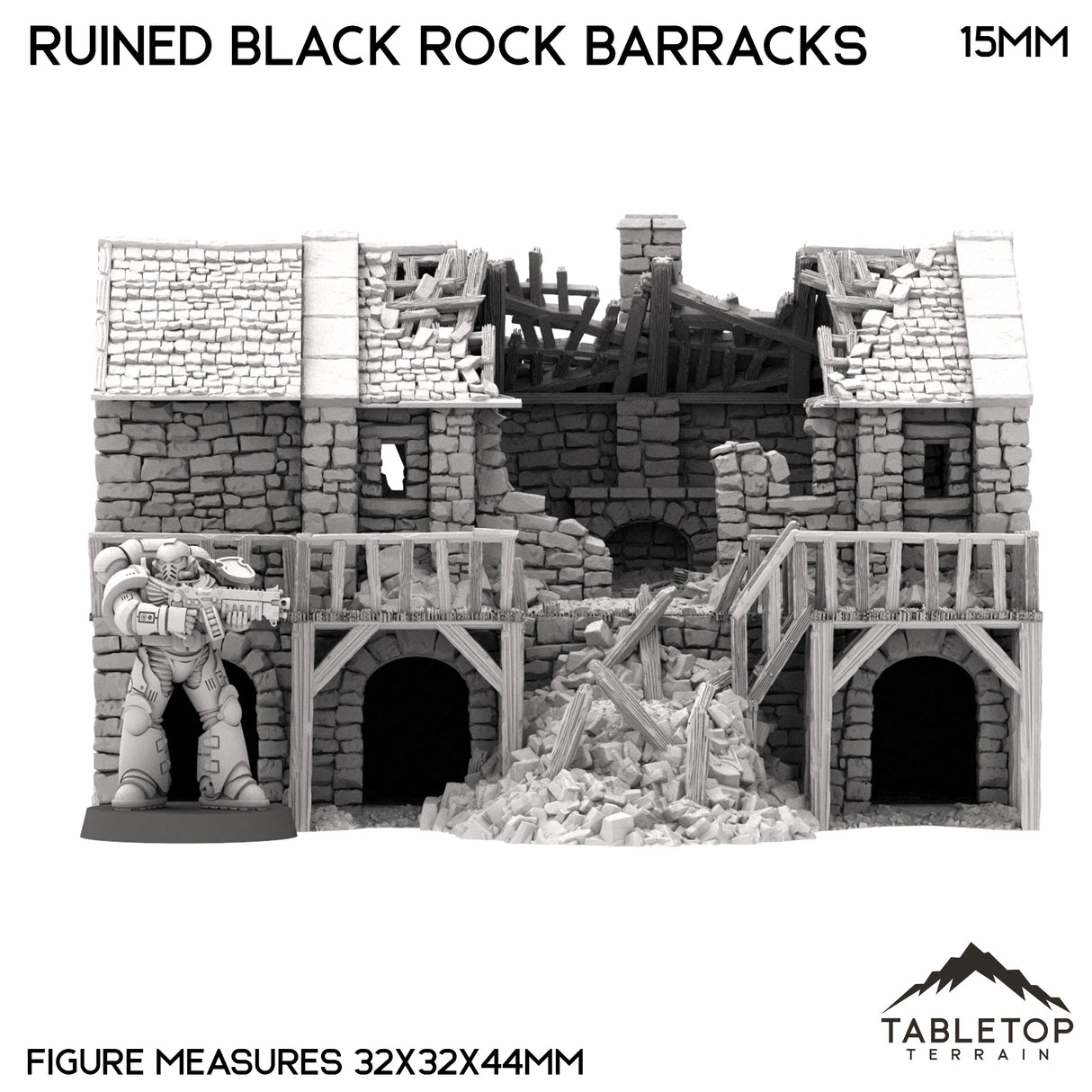 Tabletop Terrain Building Ruined Black Rock Barracks - Country & King - Fantasy Historical Ruins