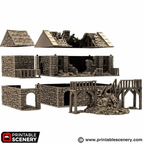 Tabletop Terrain Building Ruined Black Rock Barracks - Country & King - Fantasy Historical Ruins
