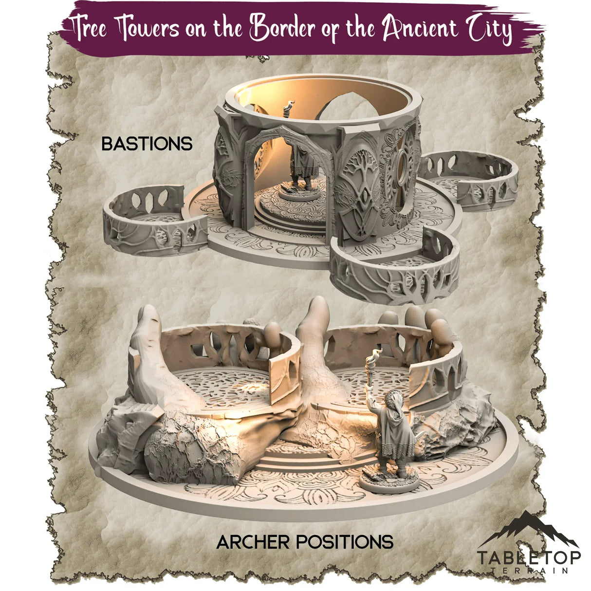 Tabletop Terrain Dungeon Terrain 32mm / Bastions Tree Towers on the Border of the Ancient City - Thematic Dungeon Terrain