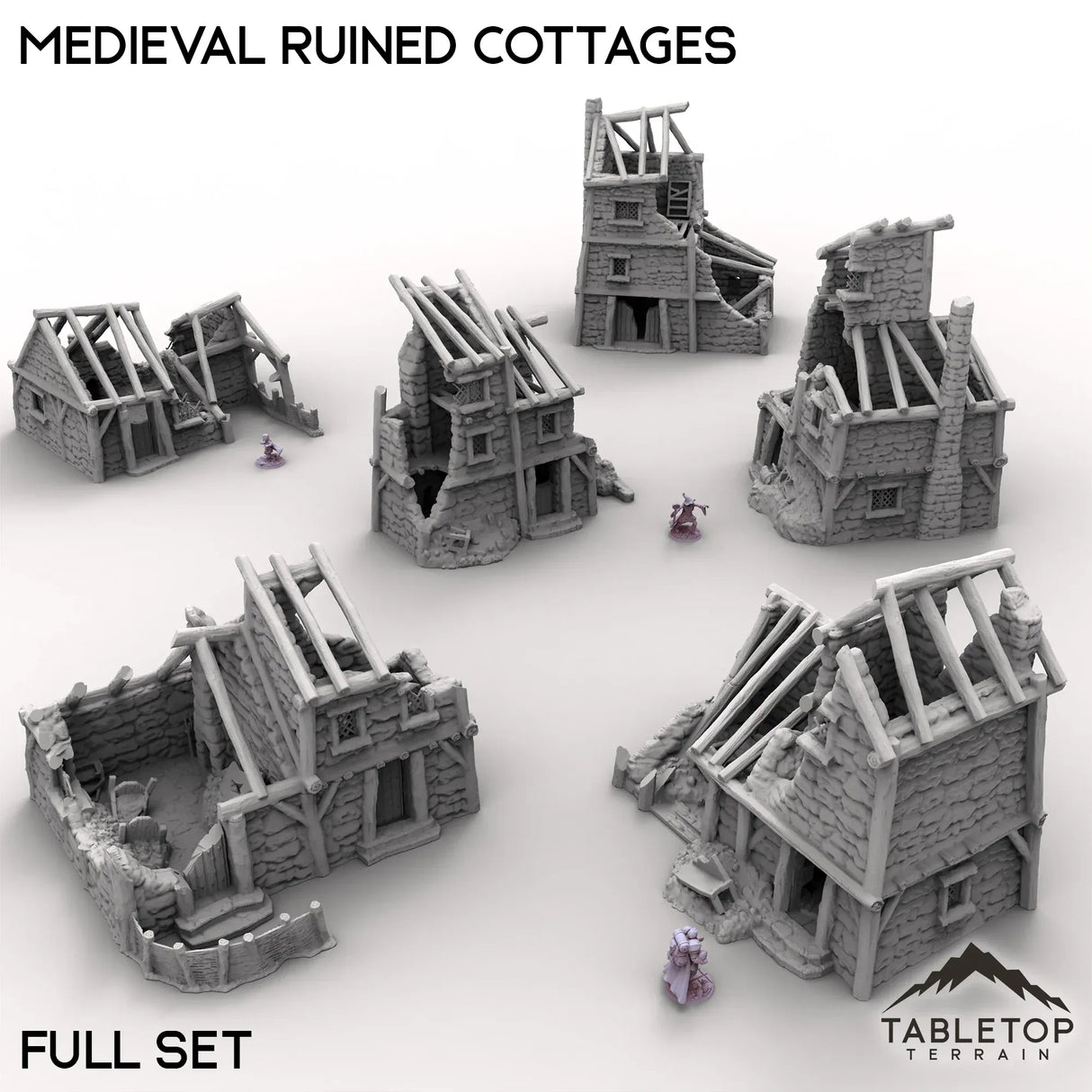 Tabletop Terrain Ruins Full Set / 32mm Medieval Ruined Cottages