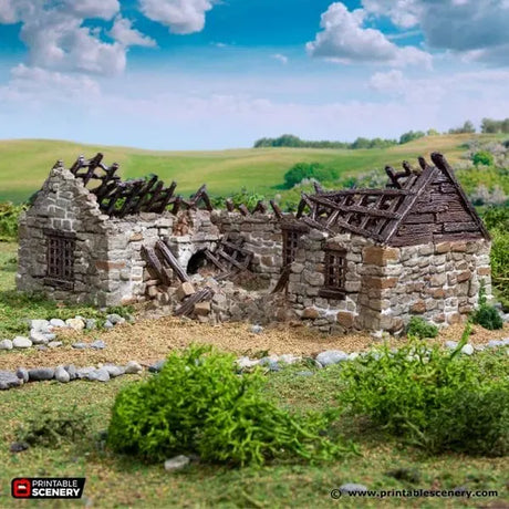 Tabletop Terrain Ruins Ruined Highland Stone Barn - Country & King - Fantasy Historical Ruins