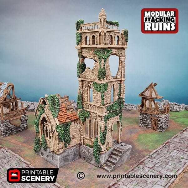 Tabletop Terrain Ruins Ruined Church - Bell Tower and Sept